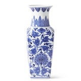 Blue & White Chinoiserie Square Vase – 14” Ceramic Statement Vase