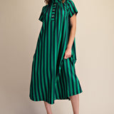 Green & Navy Stripe High Neck Midi Dress