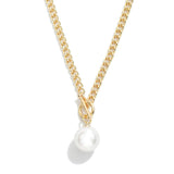 Gold Chain Link Necklace with Toggle Clasp & Pearl Pendant
