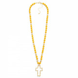 Long Wood Beaded Necklace with Chain Cross Pendant