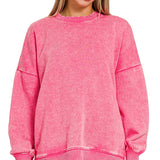Curvy Acid Wash Fleece Hi-Low Hem Pullover with Pockets – Fuchsia