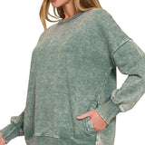Acid Wash Fleece Hi-Low Hem Pullover with Pockets – Ash Jade (S-3XL)