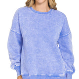 Acid Wash Fleece Hi-Low Hem Pullover with Pockets – Cornflower Blue