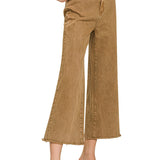 Acid Washed High Waist Frayed Hem Wide Leg Pants – Deep Camel