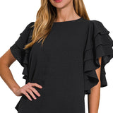 Black Multi-tiered Ruffle Sleeve Top