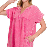 Fuchsia Washed Gauze Raw Edge Top