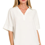 White Woven Airflow Collared V-Neck Top