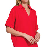 Ruby Woven Airflow Collared V-Neck Top
