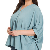 Curvy  Blue Grey V-neck Puff Half Sleeve