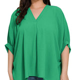 Curvy Kelly Green V-neck Puff Half Sleeve