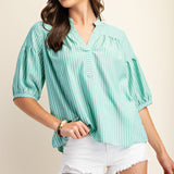 Mint Striped Bubble Sleeve Blouse