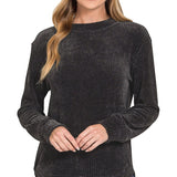 Chenille Waffle Round Neck Sweater – Black