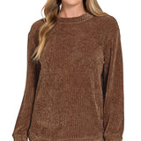 Chenille Waffle Round Neck Sweater – Brown