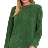 Chenille Waffle Round Neck Sweater – Dark Green