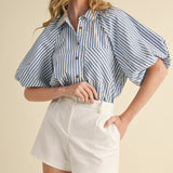 Blue & White Striped Bubble Sleeve Button Down Top