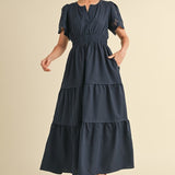 Navy Blue Embroidered Puff Sleeve Maxi Dress