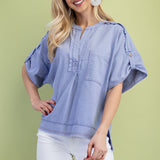 Periwinkle Roll Sleeves Washed Linen Top