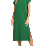 Round Neck Short Sleeve Midi Dress – Dark Green