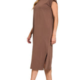 Round Neck Short Sleeve Midi Dress – Brown