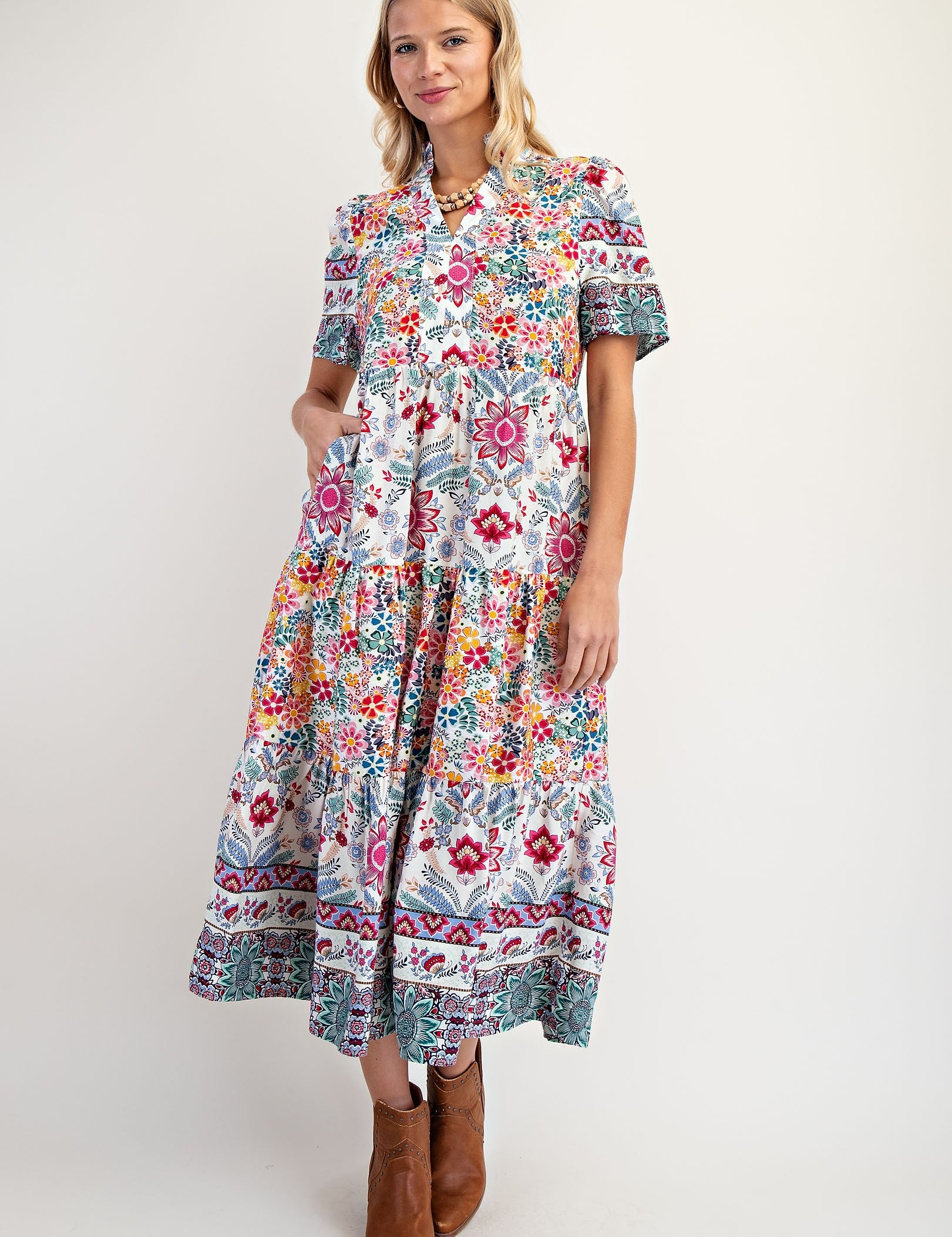 cream geometric print ruffle midi dress Geo Print Ruffle Midi Dress