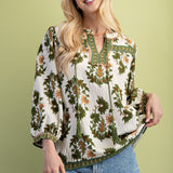 Floral Print 3/4 Sleeve Blouse with Tassel Tie – Fall Hues