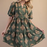 Puff Sleeve Printed Tiered Mini Dress with Trim Details