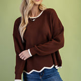 Brown Contrast Hem Wavy Knit Sweater (S–L)