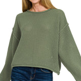 Textured Knit Drop Shoulder Sweater – Olive