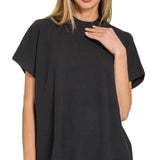 Viscose Mock Neck Short Sleeve Boxy Sweater – Black