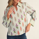 Mint Floral Stripe Collar Top