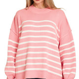 Exposed Seam Striped Oversized Sweater – Dark Pink