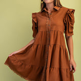 Linen Button-Up Shirt Dress with Ruffled Sleeves & Frayed Hem