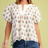 Floral Printed Notch Neck Pleated Blouse with Short Puff Sleeves