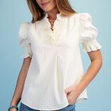 Cream Textured V-Neck Top with Ruffled Collar & Smocking Detail