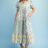Mixed Floral Print Tiered V-Neck Midi Dress with Smocked Puff Sleeves