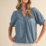 Chambray Ruffle Trim Puff Sleeve Top