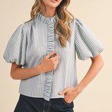 Mint & Lilac Striped Ruffle Button Down Top