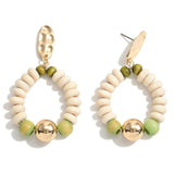Wood Beaded Hoop Drop Earrings with Gold Accents