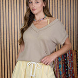 Light Khaki Everyday Waffle Knit V-Neck Top