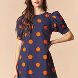 Navy & Orange Polka Dot Puff Sleeve Mini Dress