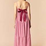 Solid Bow Tie & Gingham Tiered Maxi Dress – Red