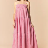 Solid Bow Tie & Gingham Tiered Maxi Dress – Red