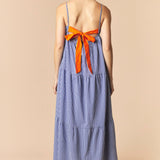 Solid Bow Tie & Gingham Tiered Maxi Dress – Navy
