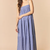 Solid Bow Tie & Gingham Tiered Maxi Dress – Navy