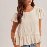 Ribbon Tie Linen Blend Peplum Top – Natural