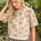 Embroidered Floral Bubble Sleeve Top
