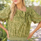 Olive Floral Burnout Bow Detail Top
