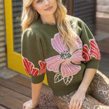 Olive Floral Puff Sleeve Sweater