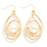Intertwined Metal Oval Drop Earrings with Nesting Pearl Detail