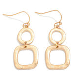 Gold Linked Hammered Metal Circle & Square Drop Earrings